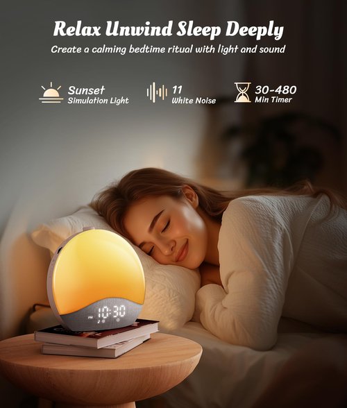 ecozy Sunrise Alarm Clock, White Noise Sound Machine, Alarm Clock for Bedrooms, 26 Soothing Sounds, 17 Night Lights, Bluetooth Speaker, Sunrise Wake-Up Light for Heavy Sleepers, Adults, Kids