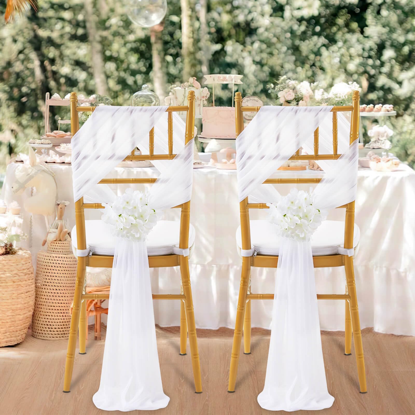 SoarDream White Wedding Chair Sashes, 16 Pack Sheer Tulle with Artificial Hydrangea Accents for Ceremony & Reception Home Chair Decorations