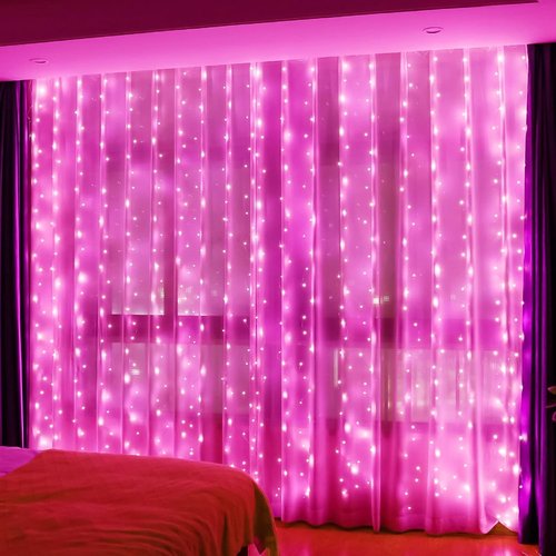 HXWEIYE 300LED Fairy Curtain Lights - 9.8x9.8Ft USB Plug-In with Remote | 8 Modes for Bedroom & Wedding Decor - Pink