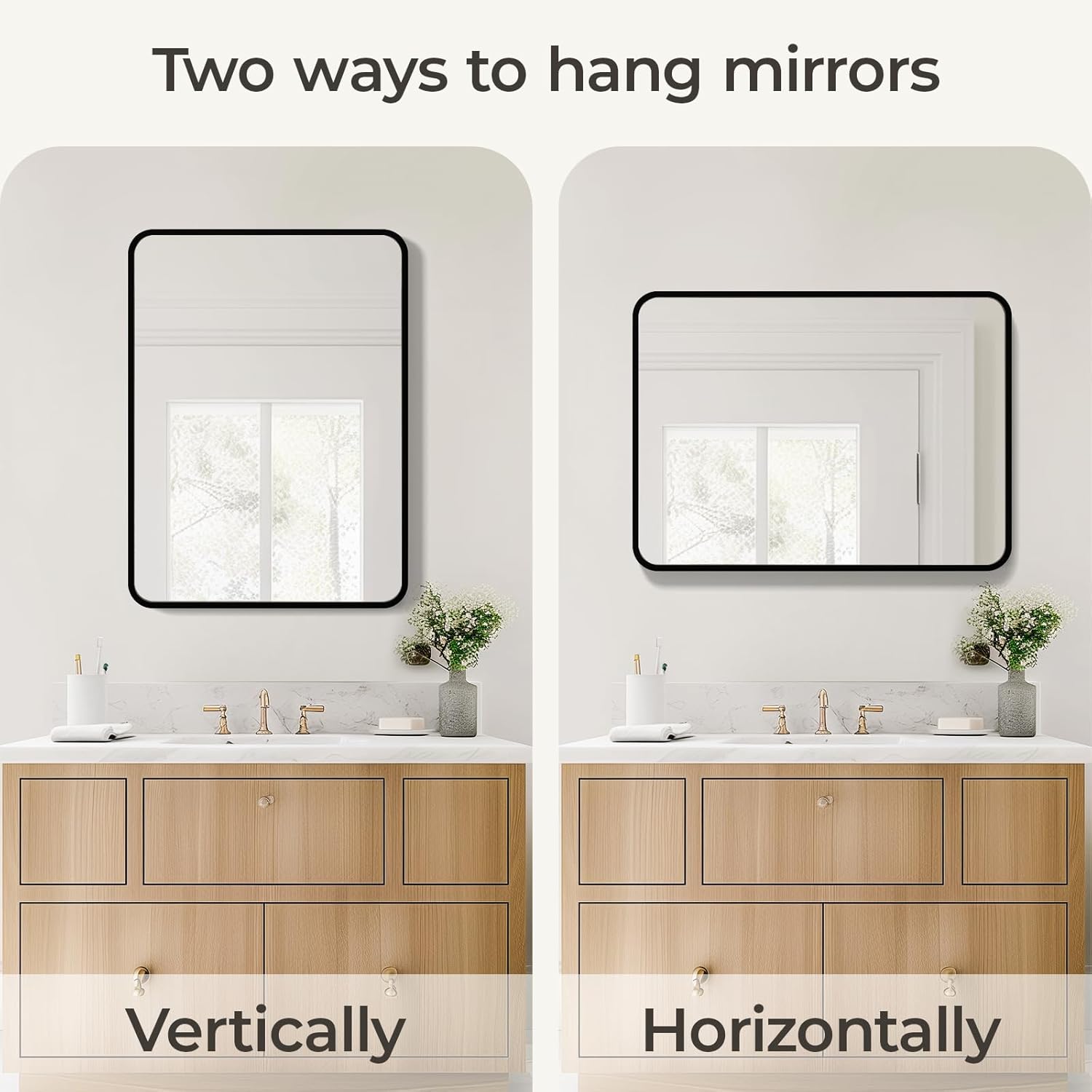 USHOWER Black Bathroom Mirror - 22 x 30 Inch Matte Black Rectangle Wall Mirror with Rounded Metal Frame