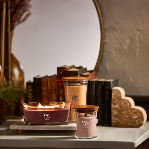 WoodWick Patchouli Crème Gifts for Women and Men, 9.7 oz Medium Hourglass Candle with Crackling Wick
