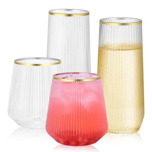 48 Pack Ribbed Plastic Wine Glasses – 24 x 9oz Stemless Champagne Flutes & 24 x 12oz Disposable Wine Glasses – Elegant Disposable Plastic Cups with Gold Rim – BPA-Free Drinkware for Weddings, Parties