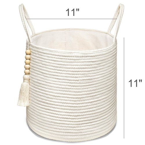 Mkono Woven Storage Basket with Handles Decorative Cotton Rope Basket Wooden Bead Decoration for Blankets,Toys,Clothes,Living Room Home Decor, 11", White