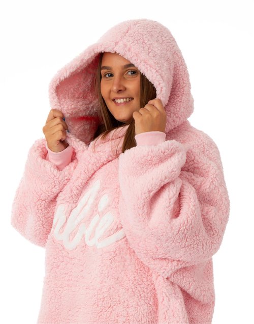 Barbie Womens Wearable Hooded Blanket | Ladies Embroidered Classic Logo Fleece Hoodie in Pink | Cozy Doll Fashion Pullover