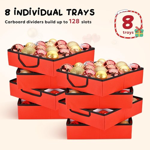 Mrrihand Ornament Storage Box - Dual Zipper Container for 128 Holiday Ornaments | 8 Trays, Red