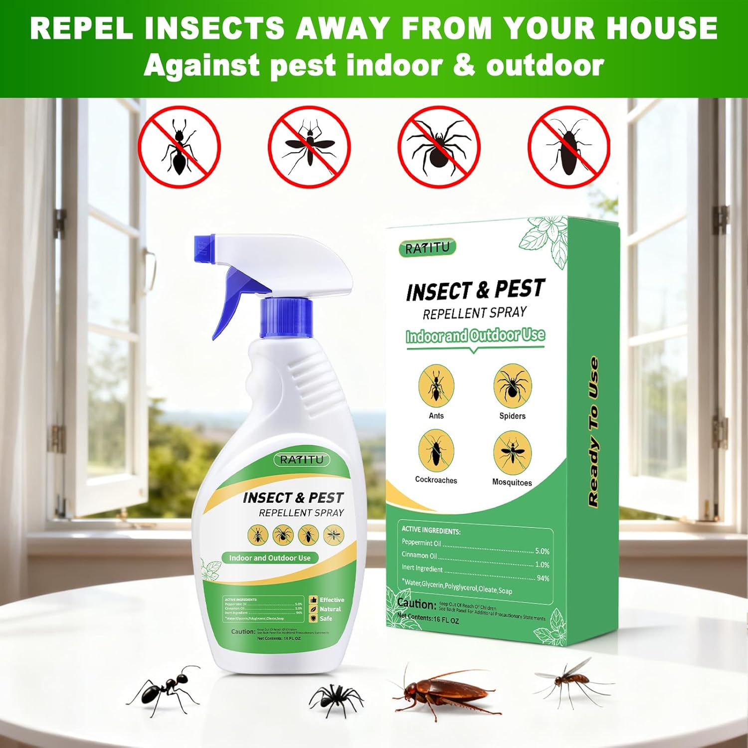 Peppermint Oil Insect Repellent Spray - 16 OZ Natural Formula for Ants, Spiders & Mosquitoes | Pet Safe