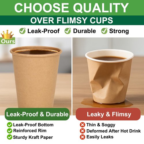 PULOSPACK 200 Pack 8 oz Brown Disposable Paper Coffee Cups, Durable Leak-Proof Kraft Paper Cups for Hot/Cold Drinks, Unbleached Paper Cups for Home, Office, Party, Cafes, Events