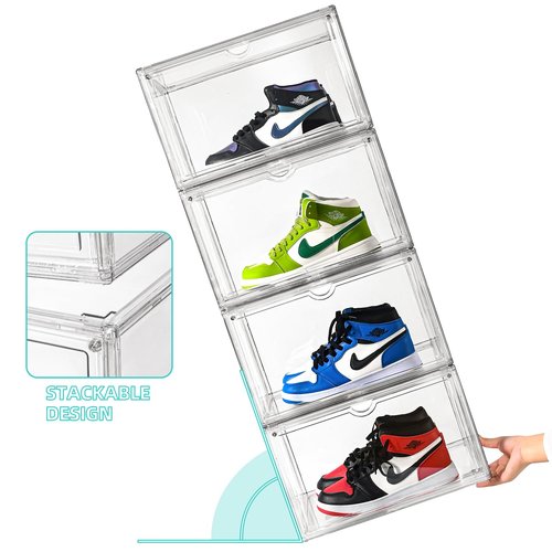 Uni HIMO Clear Shoe Organizer,Stackable Shoe Display Case,Shoe Box Storage Bins with Magnetic Door,Fit Shoe Size Up to US 14 (X-Large-1Pack)