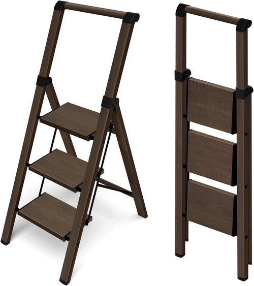 Hillhut Apex 3-Step Foldable Aluminum Step Ladder - Lightweight & Portable with Handgrip, 330lbs Capacity | Walnut Finish