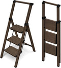 Hillhut Apex 3-Step Foldable Aluminum Step Ladder - Lightweight & Portable with Handgrip, 330lbs Capacity | Walnut Finish