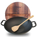 Keleday Flat Bottom Cast Iron Wok with Lid 14 Inch,Pre-Seasoned Best Non Toxic Wok,Chinese Japanese Wok double handle for Induction and Open Fire