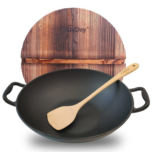 Keleday Flat Bottom Cast Iron Wok with Lid 14 Inch,Pre-Seasoned Best Non Toxic Wok,Chinese Japanese Wok double handle for Induction and Open Fire