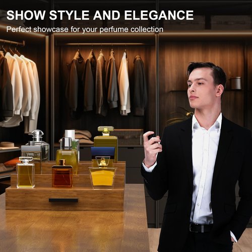 Sueuapp Walnut Wood Cologne Organizer for Men 3 Tier Cologne Stand,Wooden Cologne Holder Display Shelf with Hidden Compartment and Drawer,Perfume Organizer Great Gift for Men