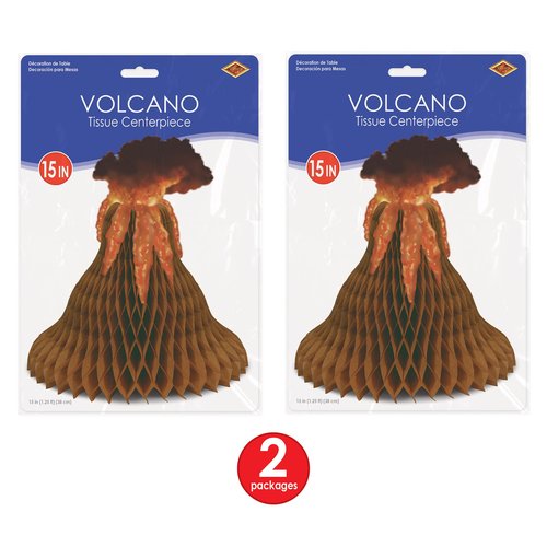 Beistle 2-Piece Tissue Volcano Centerpieces, Tropical Island Party Decorations, Dinosaur Party Decor, Lava Party Accessories, 15"