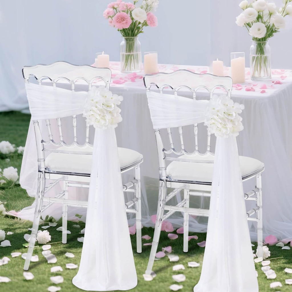 SoarDream White Wedding Chair Sashes, 16 Pack Sheer Tulle with Artificial Hydrangea Accents for Ceremony & Reception Home Chair Decorations
