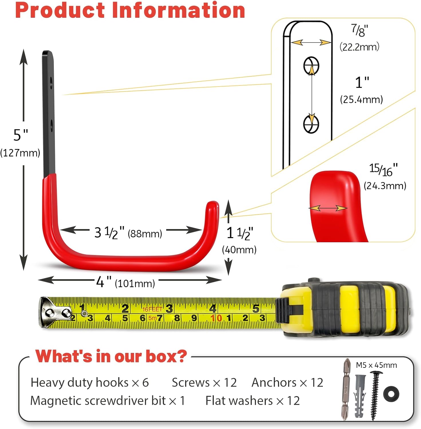 Skiennix 4-Inch Heavy Duty Garage Hooks - 6 Pack Wall Mount Tool Organizers | Holds Up to 55 lbs