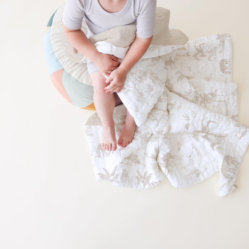 MakeMake Organics Organic Toddler Comforter GOTS Certified Organic Kids Blanket Cotton Infill Tufted - Reversible Ultra Soft Breathable Boys Girls (44"x60", Safari + Solid Oat)