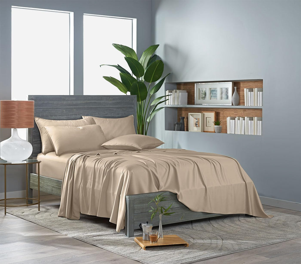 Pure Bamboo Queen Sheets - Luxuriously Soft & Cooling 100% Organic Viscose Bed Sheet Set | Almond Color, Double Stitching