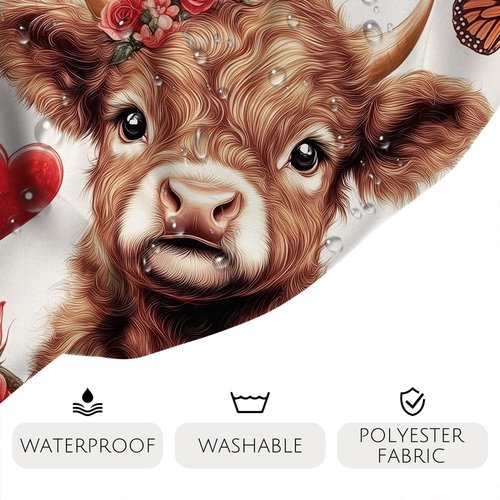 Lofaris Valentine Day Highland Cow Red Rose Shower Curtain Set - Romantic Farmhouse Bathroom Decor with red Butterflies, Includes Hooks - Valentines Bathroom Accessories