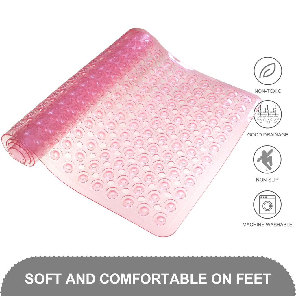 TEESHLY Bath Mat for Tub & Shower, Non Slip Soft Bathmat with Suction Cups & Drain Holes, Machine Washable Bathtub Floor Liner Mats for Bathroom, 35x16 Inch, Clear Pink