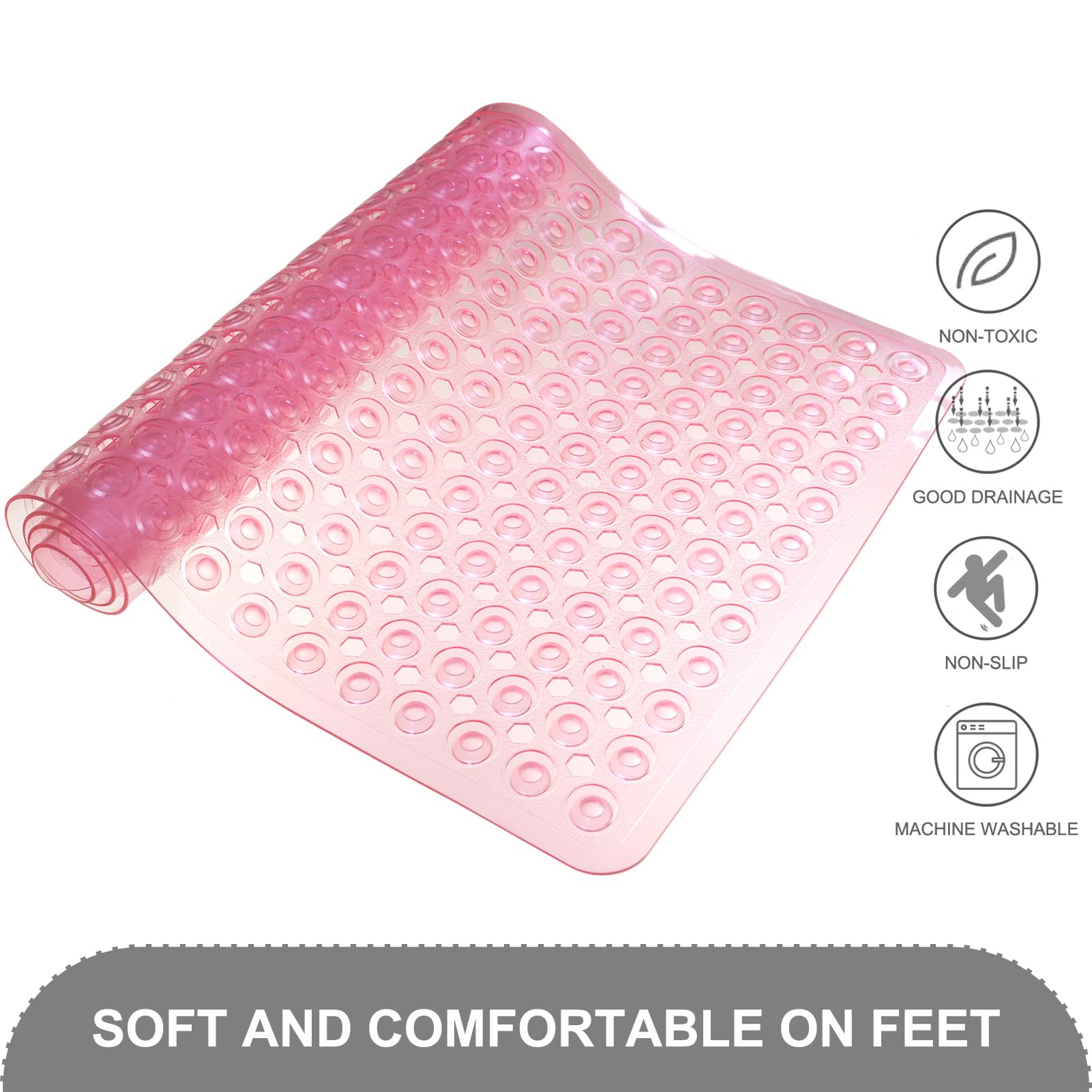 TEESHLY Bath Mat for Tub & Shower, Non Slip Soft Bathmat with Suction Cups & Drain Holes, Machine Washable Bathtub Floor Liner Mats for Bathroom, 35x16 Inch, Clear Pink