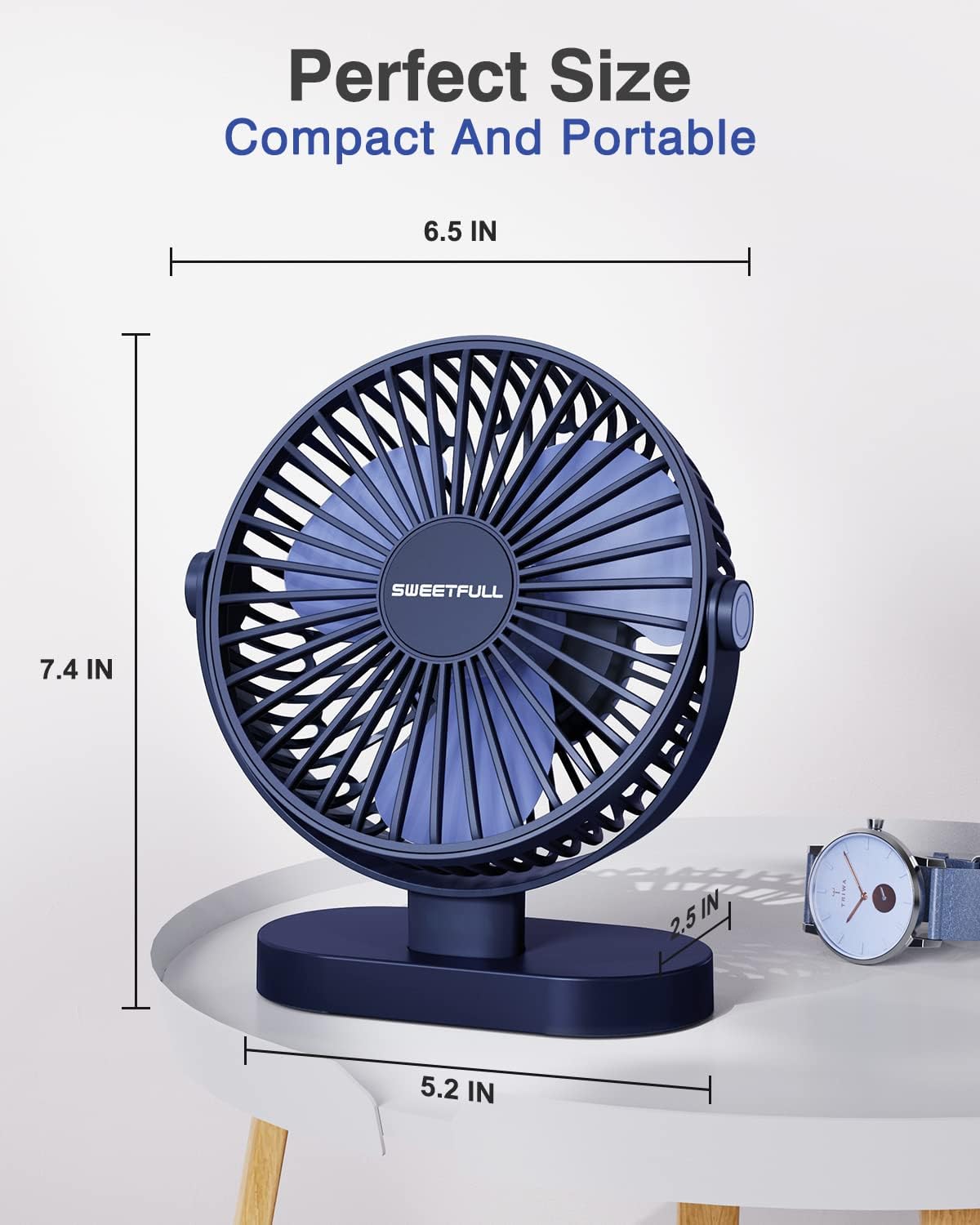 Sweetfull Small USB Desk Fan - Portable 3-Speed Mini Fan with 360° Adjustment | Quiet Operation in Blue