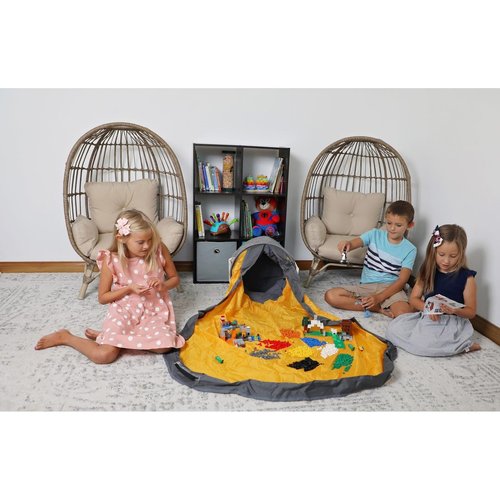 Creative QT SlideAway Toy Storage Organizer & Extra Large 52" Play Mat, Collapsible Storage Bins for Building Bricks, Small Blocks, Toys, Drawstring Cleanup for Kids Playroom & Classroom, Grey