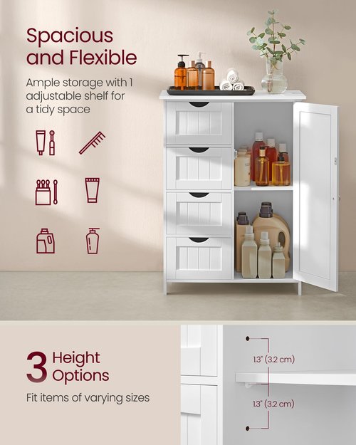 VASAGLE Storage Cabinet with Drawers, Freestanding Floor Cabinet with Door, 13.8 x 25.6 x 35.4 Inches, Adjustable Shelf, for Bathroom, Living Room, Kitchen, Cloud White ULHC042WH01S