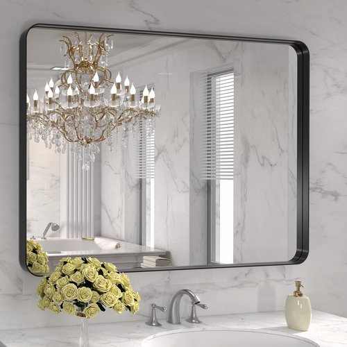 LOAAO Black Metal Framed Bathroom Mirror - 40x32 Inch Large Rounded Rectangle, Anti-Rust Tempered Glass