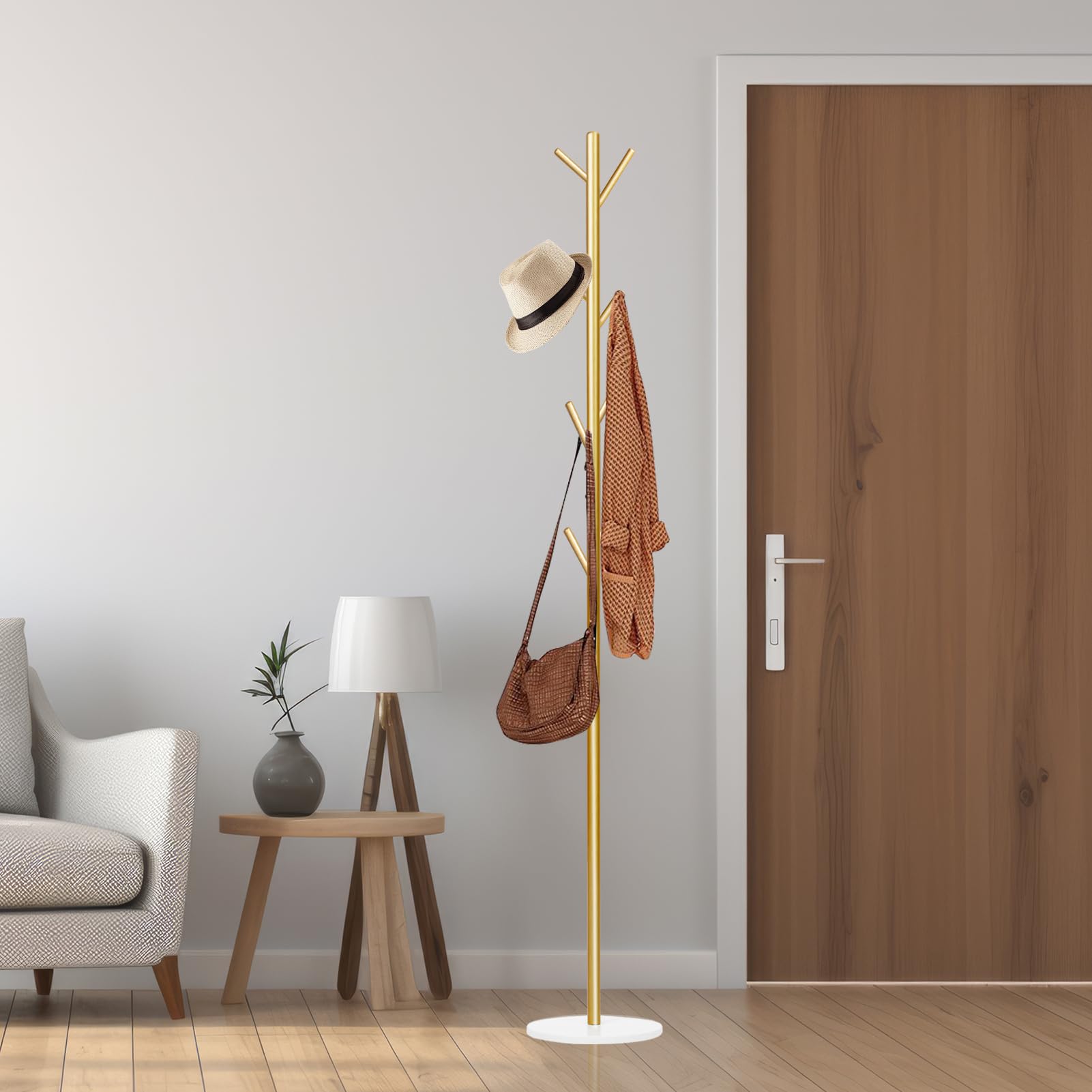 Wtiujhg Coat Rack, Metal Freestanding Coat Rack with 8 Hooks, Sturdy Coat Tree with Natural Marble Base for Coats, Hats, Scarves and Handbags for Entryway, Hallway, Bedroom, Office,Dorm (Gold)