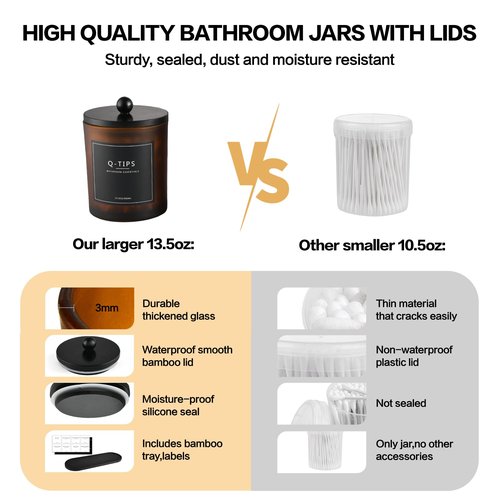 3 Pack Qtip Holder Bathroom Set,Cotton Ball Swab Pad Holder Cotton Round Floss Pick Dispenser with Tray,Glass Apothecary Jars with Lids,Bathroom Organizers and Storage Canisters-Amber