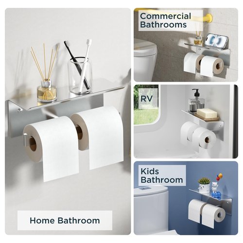 FORIOUS Double Toilet Paper Holder with Shelf, 304 Stainless Steel Wall Mount Commercial Toilet Paper Dispenser, Bathroom Tissue Roll Holder with Storage for Phone, Book, Essentials, Brushed Nickel