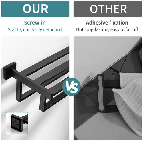 Bathroom Towel Rack with Double Towel Bar, 24 Inch Towel Racks for Bathroom Wall Mounted, Hand Towel Hanger Stainless Steel Towel Shelf Rack Bathroom Towel Storage, Black