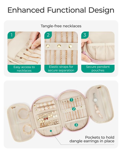 BAGSMART Travel Jewelry Case Jewelry Organizer Storage Roll Rings Necklaces Earrings Bracelets Brooches Watch Large Portable Light Pink