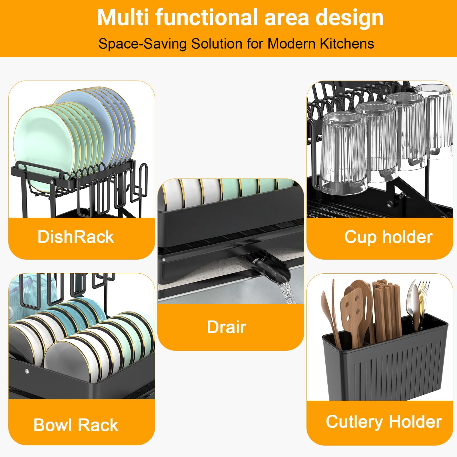 Expandable Dish Drying Rack, Rust-Proof Metal Dish Racks for Kitchen Counter with 360° Swivel Drain Spout, Space-Saving Dish Drainer with Utensil Holder for Small Apartment & Home Organization, Black