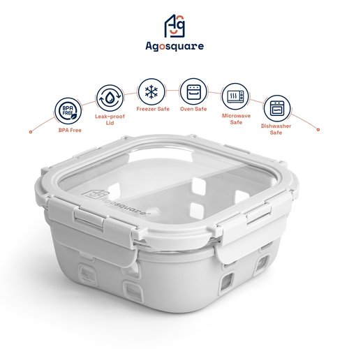 Agosquare Glass Food Storage Containers with Glass Lids – 28oz Meal Prep Containers, Lunch Box with Silicone Sleeve – Stackable Containers for Lunch & Leftovers