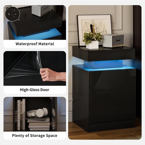 OneBlis Nightstands Set 2, 15 Inches LED Night Stand Set of 2, Modern Bedside Table with LED Lights, High Gloss Surface, End Table with Storage for Bedroom, Black