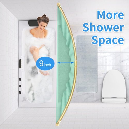 Curved Shower Curtain Rod, TOPROD Round Shower Curtain Rod 48 to 72 Inches Adjustable, Rounded Bowed Stainless Steel Shower Rods for Bathroom, Bathtub, More Shower Space, Bright Gold, Need to Drill