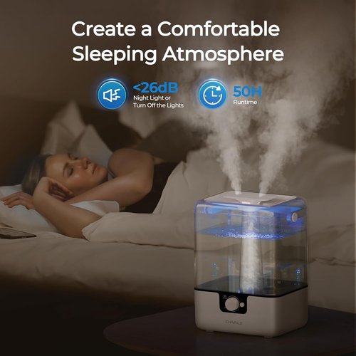 CHIVALZ 6L Cool Mist Humidifier - Ultra Quiet 26dB | 50-Hour Runtime for Bedroom & Nursery, White