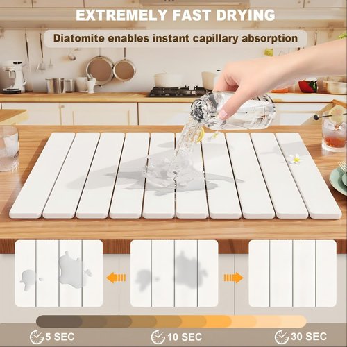 Stone Drying Mat for Kitchen Counter, Large Foldable Stone Dish Drying Mat,Ultra Absorbent Diatomaceous Earth Mats for Countertop Dishes Bottles Cups (23"×15.3",White）