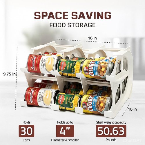 FIFO Countertop Mini Can Tracker Holds 30 Standard 10-24 Oz Can Sizes, White| Stackable & Adjustable Can Organizer for Pantry, USA Made, White