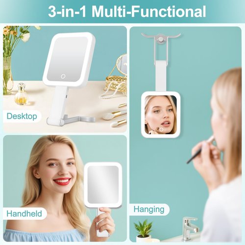 DECLUTTR Travel Makeup Mirror with Lights, Rechargeable 1X/15X Magnifying with Light Double Sided，Portable Handheld Mirror with 3 Color Light Dimmable, Tabletop,Hanging,White