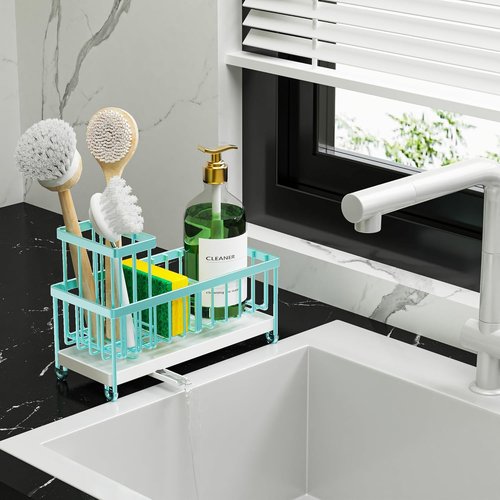 Cisily Kitchen Sink Caddy Organizer - Durable 304 Stainless Steel with High Brush Holder | Teal, 9.25”