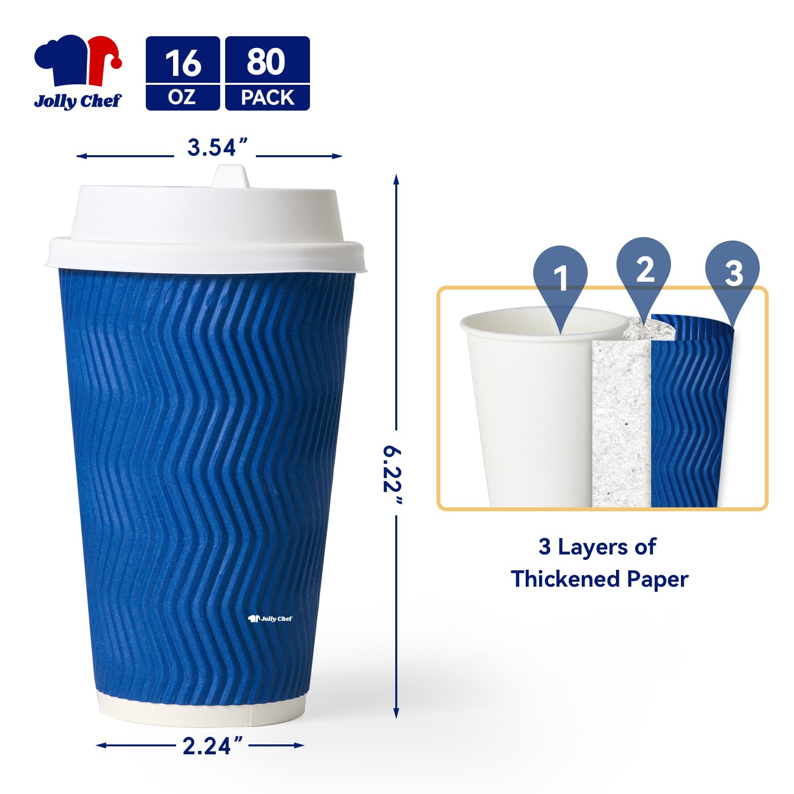 JOLLY CHEF 16oz Coffee Cups with Lids, 80 Pack Disposable Hot Paper Coffee Cups with Lids and Stirrers, Ideal for Travel, Office, Home, Cafe
