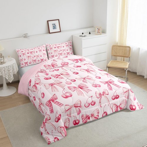 Manfei Bowknot Princess Comforter Set Full Size,Pink Bow Cherry Tropical Fruits Patchwork Bedding Set,Girls Women Room Decor,Bow-tie Girlish Dreamy Down Comforter,Pink Cute Duvet Insert,2 Pillowcases