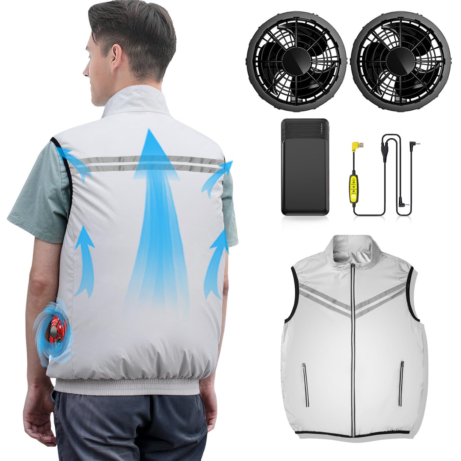 MOSILA Cooling Vest for Men with Battery Pack 2PCS Fan 7.4V Electric Cooling Air Reflective Jacket UV Protection Vest Battery Powered Air Conditioned Clothes Cool Jacket for Hot Weather-M