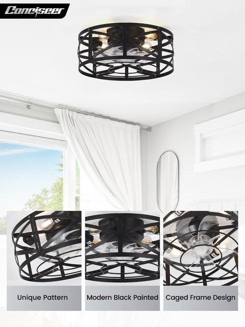 Conciseer 20 Inch Caged Ceiling Fans with Lights and Remote, Flush Mount, Low Profile 7 Blades, 6 Speed Reversible Quiet DC Motor for Bedroom, Kitchen and Living Room, Black