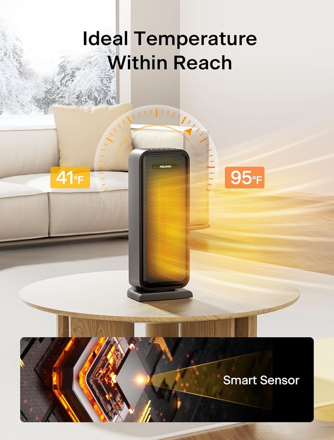 Pelonis 1500W Electric Space Heater - Portable Ceramic Heater with Thermostat & Oscillation | Ideal for Bedroom & Office