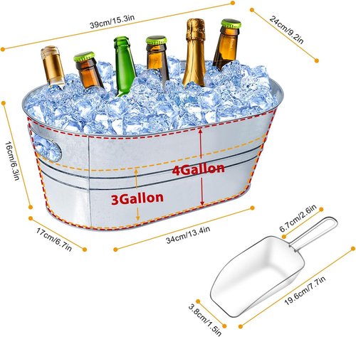 4 Gallon Ice Buckets for Parties, IKAYAS Galvanized Metal Ice Bucket Ice Tub with Scoop for Cocktail Bar Mimosa Bar Supplies, Large Champagne Bucket Beer Bucket Metal Tub (2 Pack)