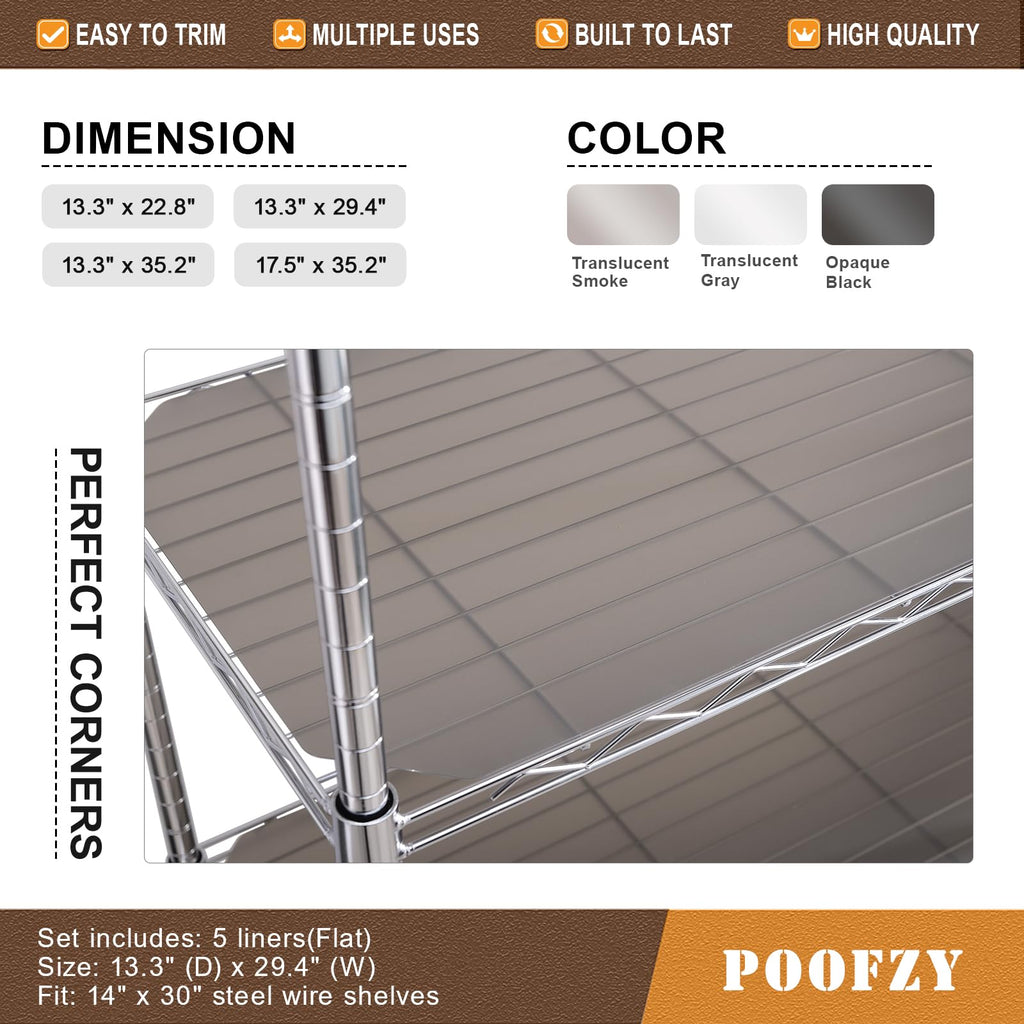 Poofzy Wire Shelf Liner 16" X 36", Non-Adhesive Plastic Shelf Liners for Wire Shelving, Waterproof Protector Mats (5PK, Gray)